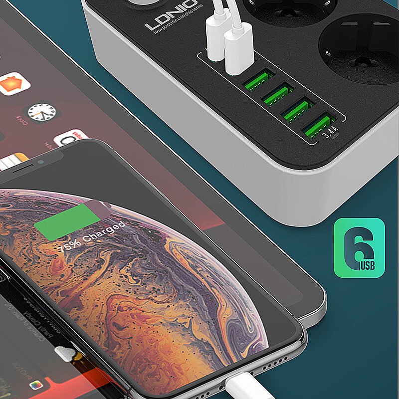 Elecbee LDNIO SE3631 European Standard Power Strip 3 Outlets with 6 Auto-id USB Multi Electrical Socket EU Plug Board