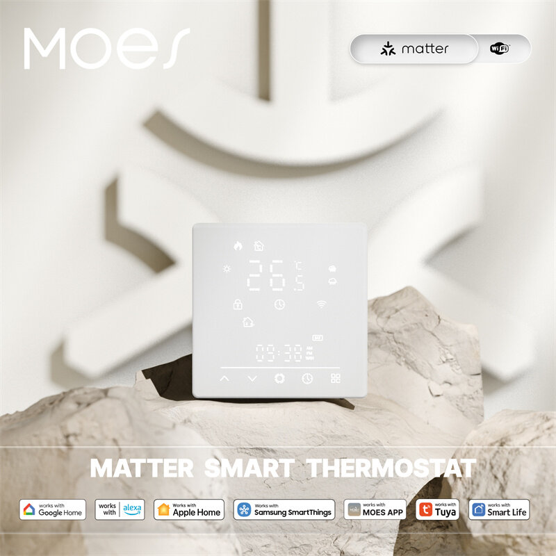 Elecbee MOES WHT-S02 Tuya Matter Smart WiFi Thermostat Electric/Water/Boiler Heating Glass Panel Temperature Controller Weekly Programmable Voice Control with Alexa Google Home