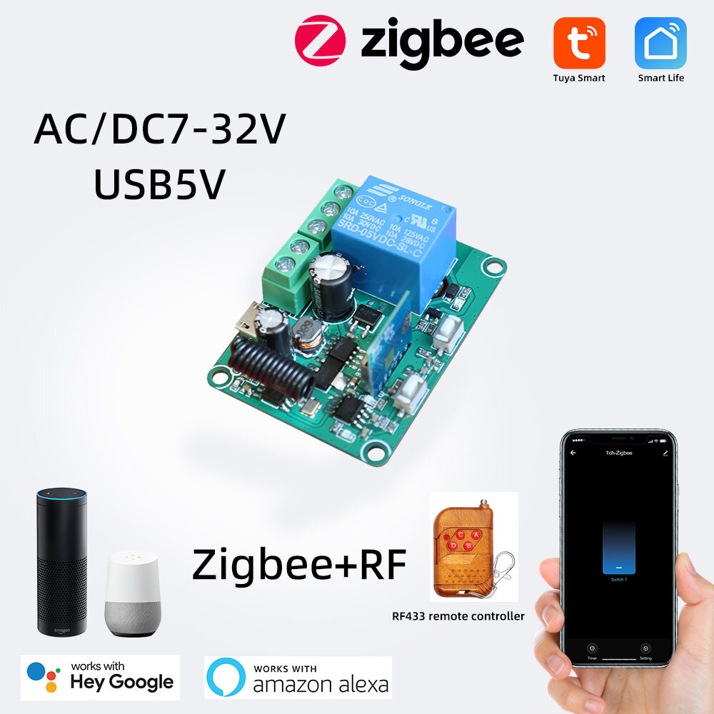 Elecbee Tuya 7-32V Smart Zigbe Switch Mini RF Module Timing/Schedule Function Smart Scene Application APP Remote Monitor Voice Control with Alexa Google Home