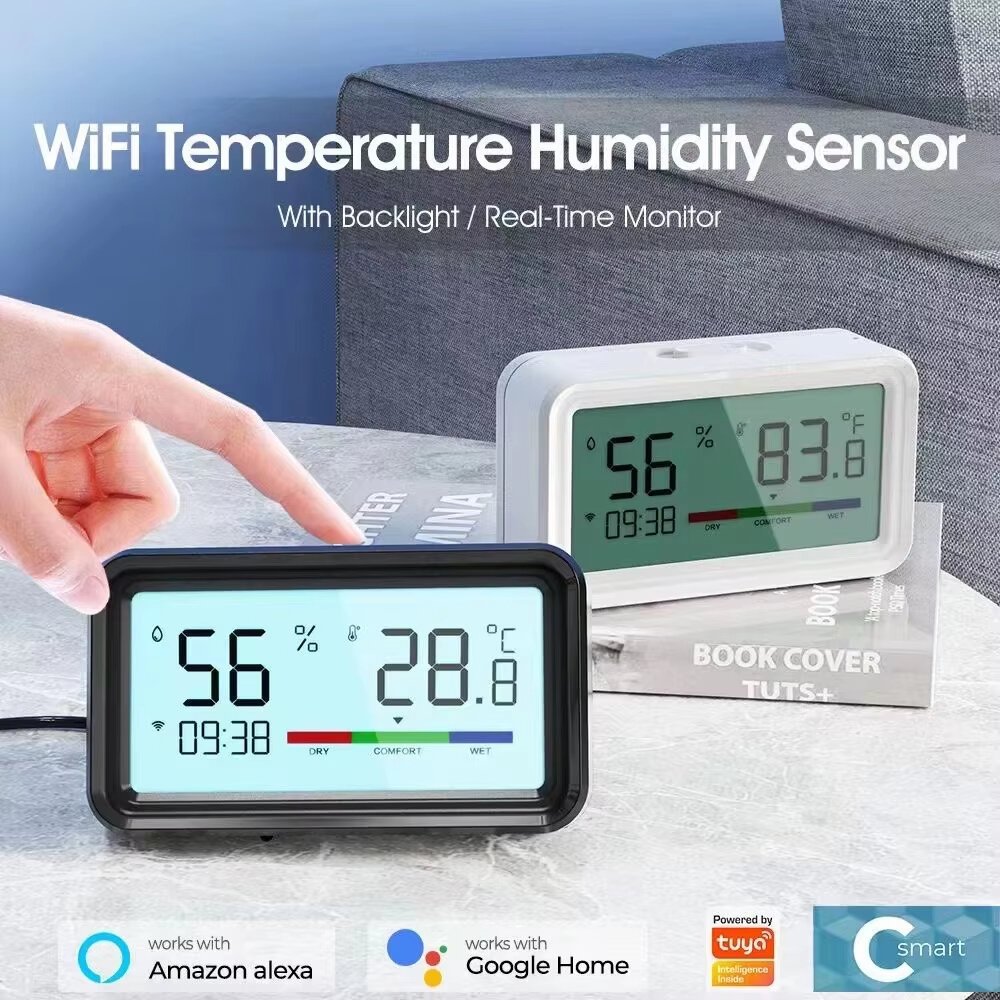 Elecbee Tuya WiFi ZigBe Temperature Humidity Sensor with Screen Time Display Smart Home Indoor Hygrometer Voice Control with Alexa Google Smart Life