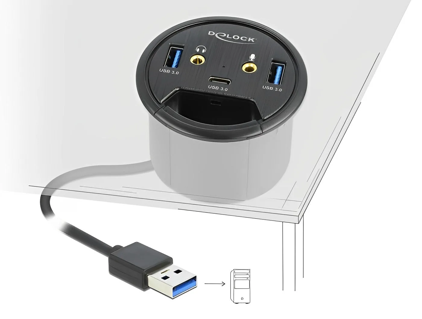 Elecbee 3 Port In-Desk Hub USB 1 x USB Type-C™ and 2 x USB Type-A + HD-Audio Ports