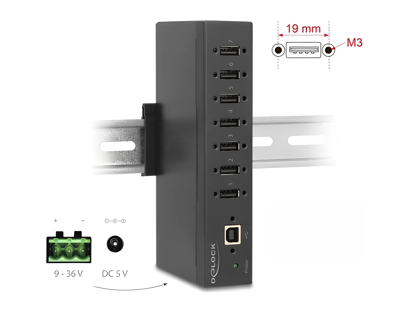 Elecbee Industry Hub 7 x USB 2.0 Type-A with 15 kV ESD protection and DIN rail mounting