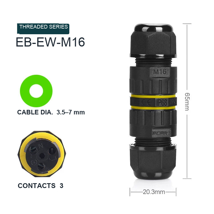 Elecbee EW-M16 IP68 Zwei-Wege-Schraubenverriegelung 3 Pin Gerader Wasserdichter Steckverbinder 17.5A 400V für Outdoor-Fugenkabel-Verbindungsstück LED-Beleuchtung mit wasserdichtem Ring (3.5mm~7mm)
