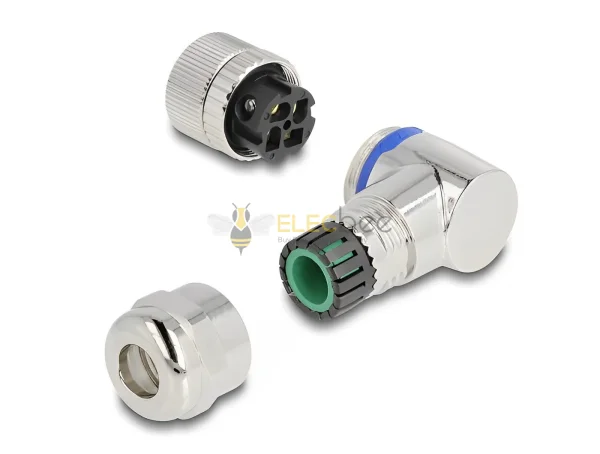 Elecbee M12 Connector A-coded 4 pin female for mounting with screw connection 90° angled metal