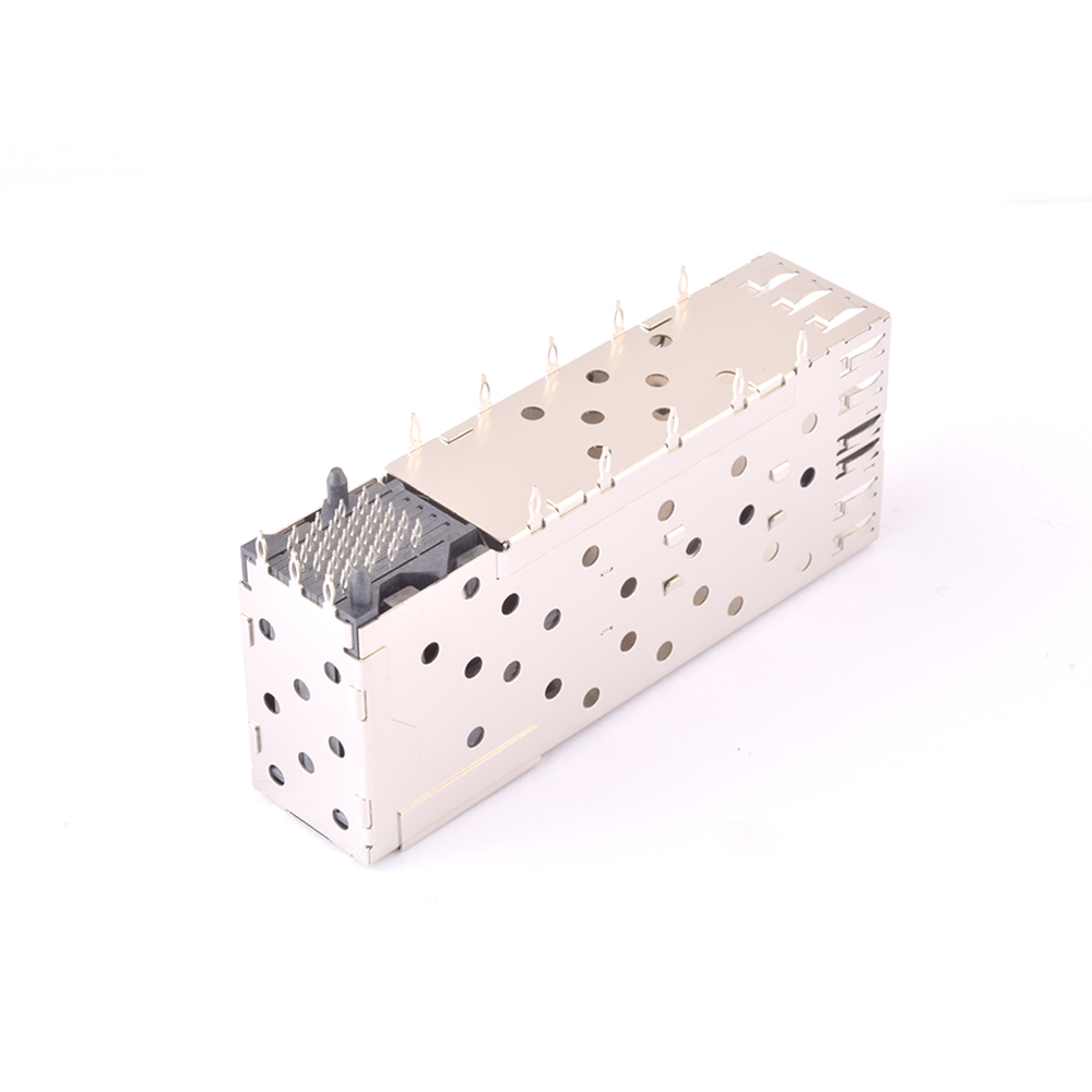 Elecbee SFP-2X1-L42-P SFP-Buchse mit Käfig, 2 x 2 Ports, rechtwinkliger THT-Einpressstecker mit Lichtleiter, Phosphorbronze, vergoldet