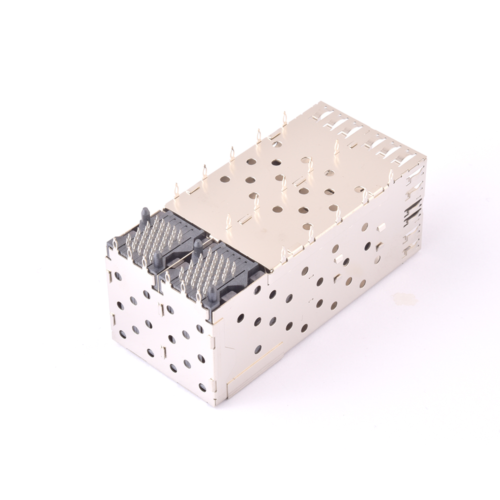 Elecbee SFP-2X2-L42-P SFP-Buchse mit Käfig, 2x4-Port, THT-Einpress-Winkelstecker mit Lichtleiter, Phosphorbronze, vergoldet